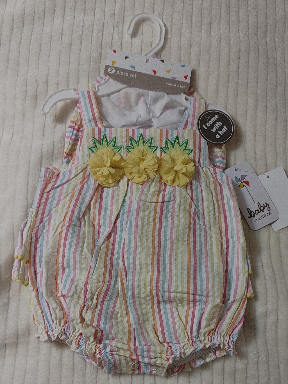 2 PC Set Baby Starter Sunsuit & hat Embroidered Striped Romper. 9m